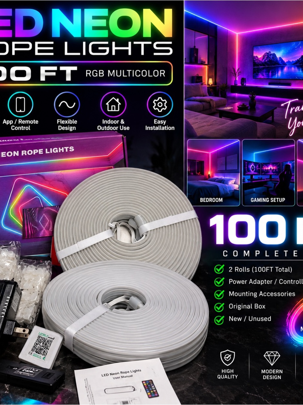100FT LED Neon Rope Lights – RGB Multicolor – Complete Set – New